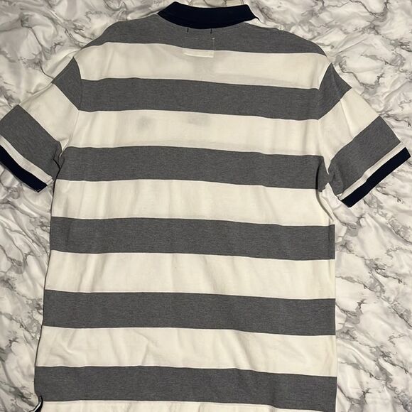 Express Mens Short Sleeve Polo Size Large Grey And White Striped - Picture 6 of 7